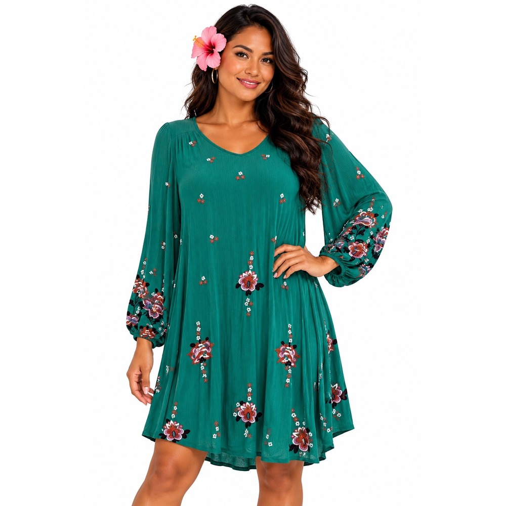 Free People Green Embroidered Floral Gauze Mini Dress Long Sleeve L Pockets